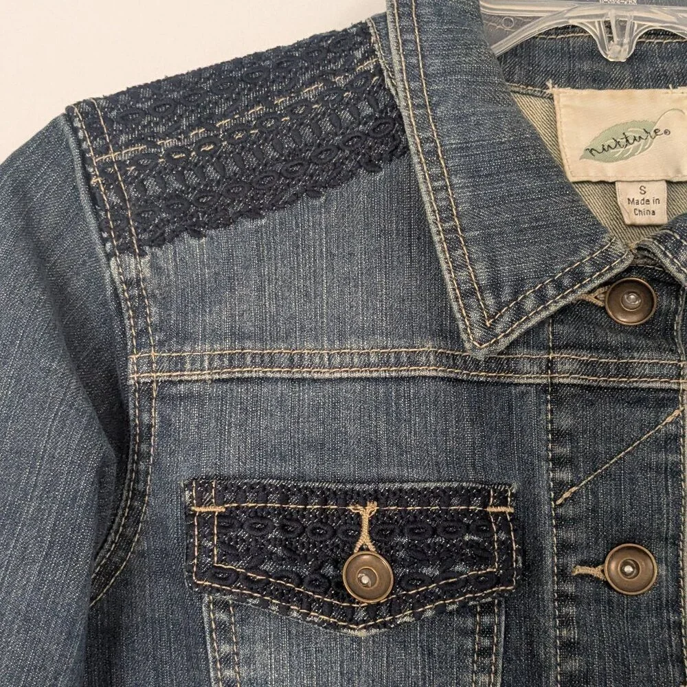 NURTURE Blue Denim Embroidered Jean Jacket w Metal Buttons; Size S